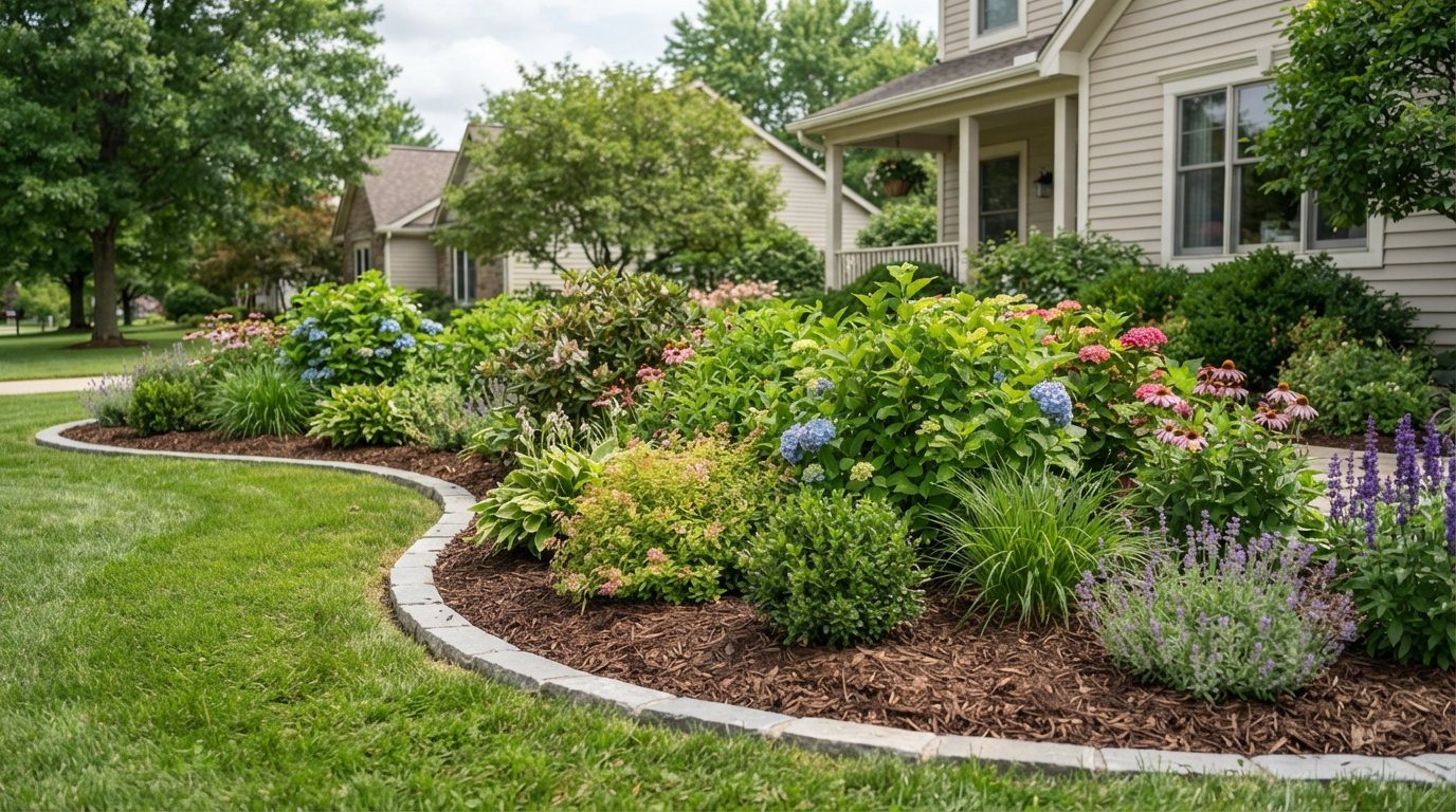 Landscaped garden beds with mulch and stone edging