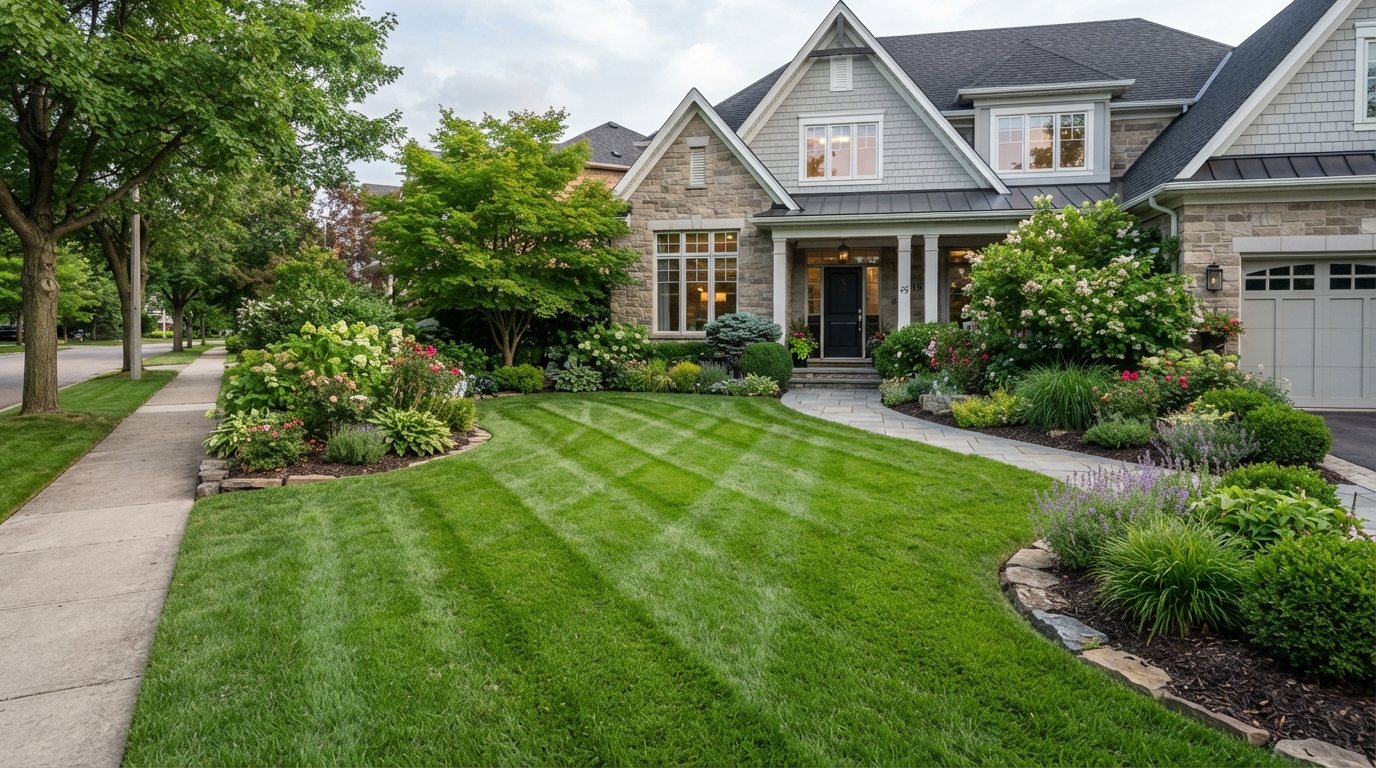 Lush manicured green lawn and garden